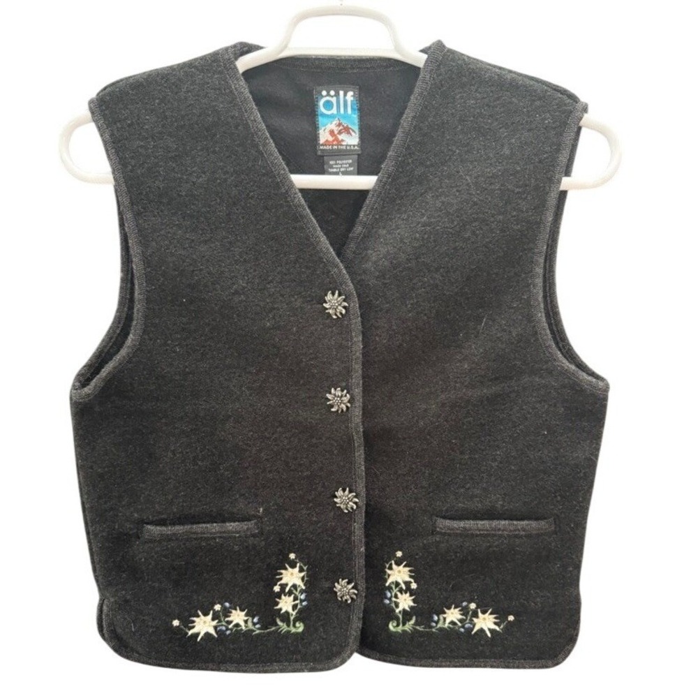 Alf Vintage Gray Fleece Vest Floral Embroidery Silver Flower Buttons USA Made L